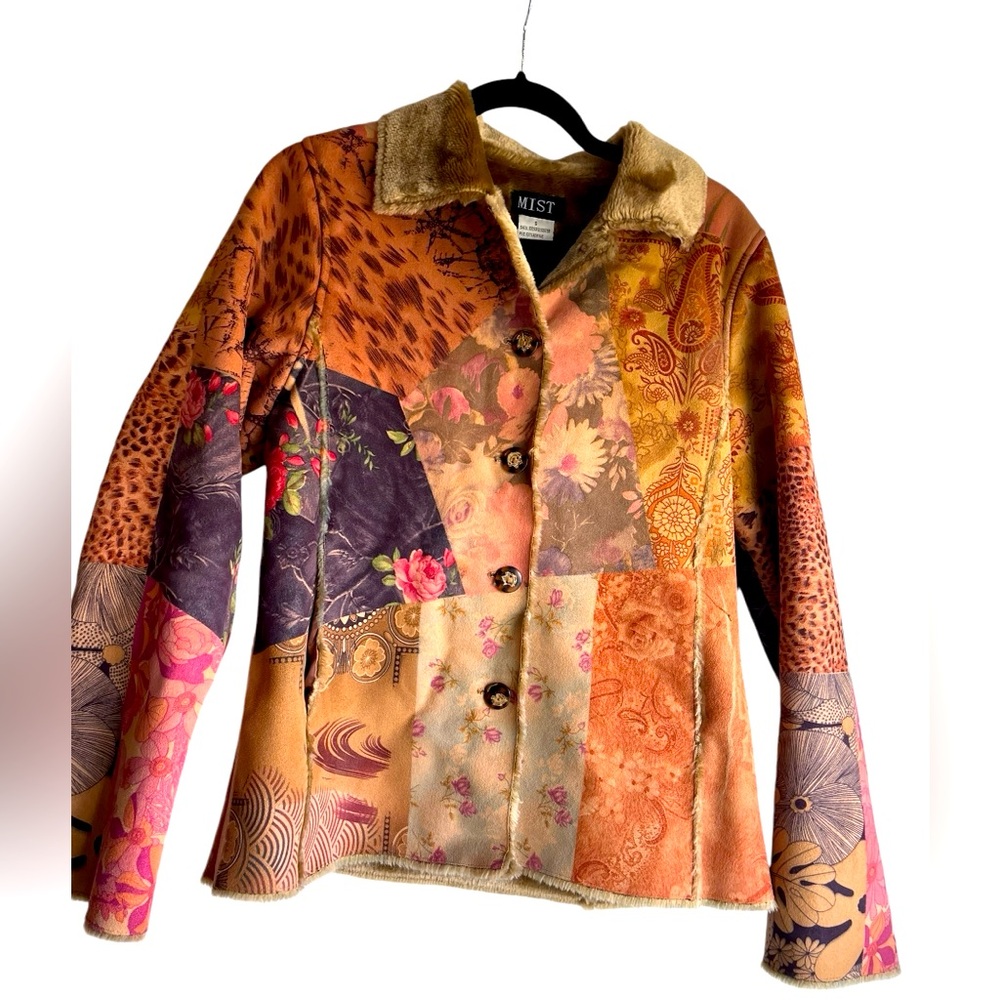 Faux Shearling Patchwork Mist Vintage Groovy Colorful Jacket Boho Small Rare